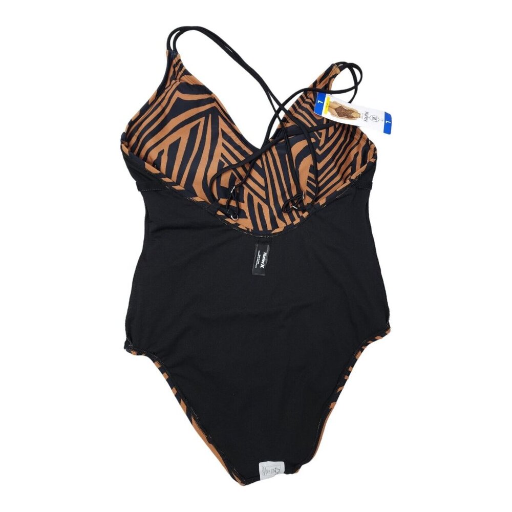 Hurley One Piece Swimsuit Brown Animal Print Size Large UPF 50 V-Neck With Bra - Picture 6 of 9